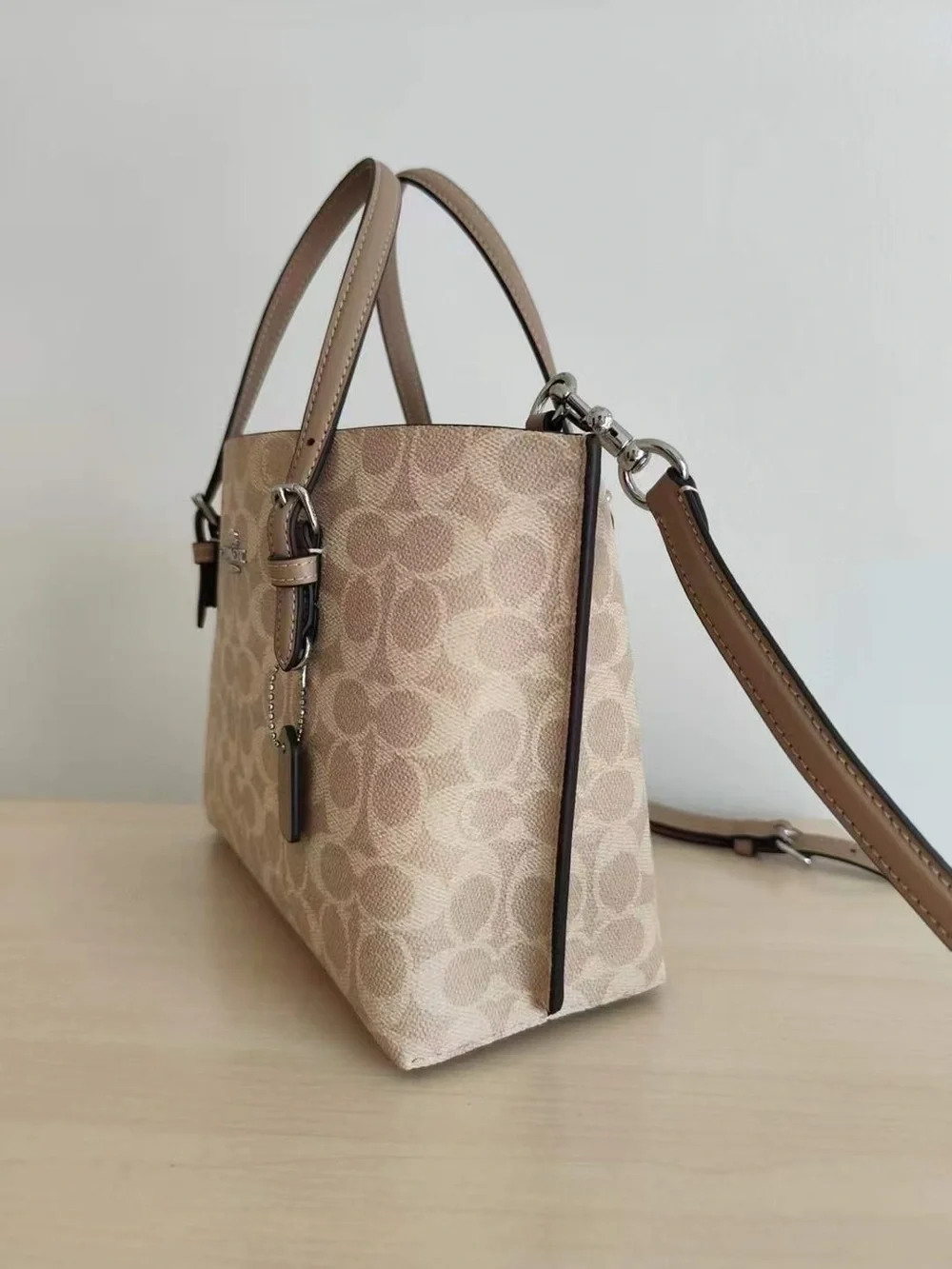 Coach Signature Canvas Satchel in Beige with Tan Trim